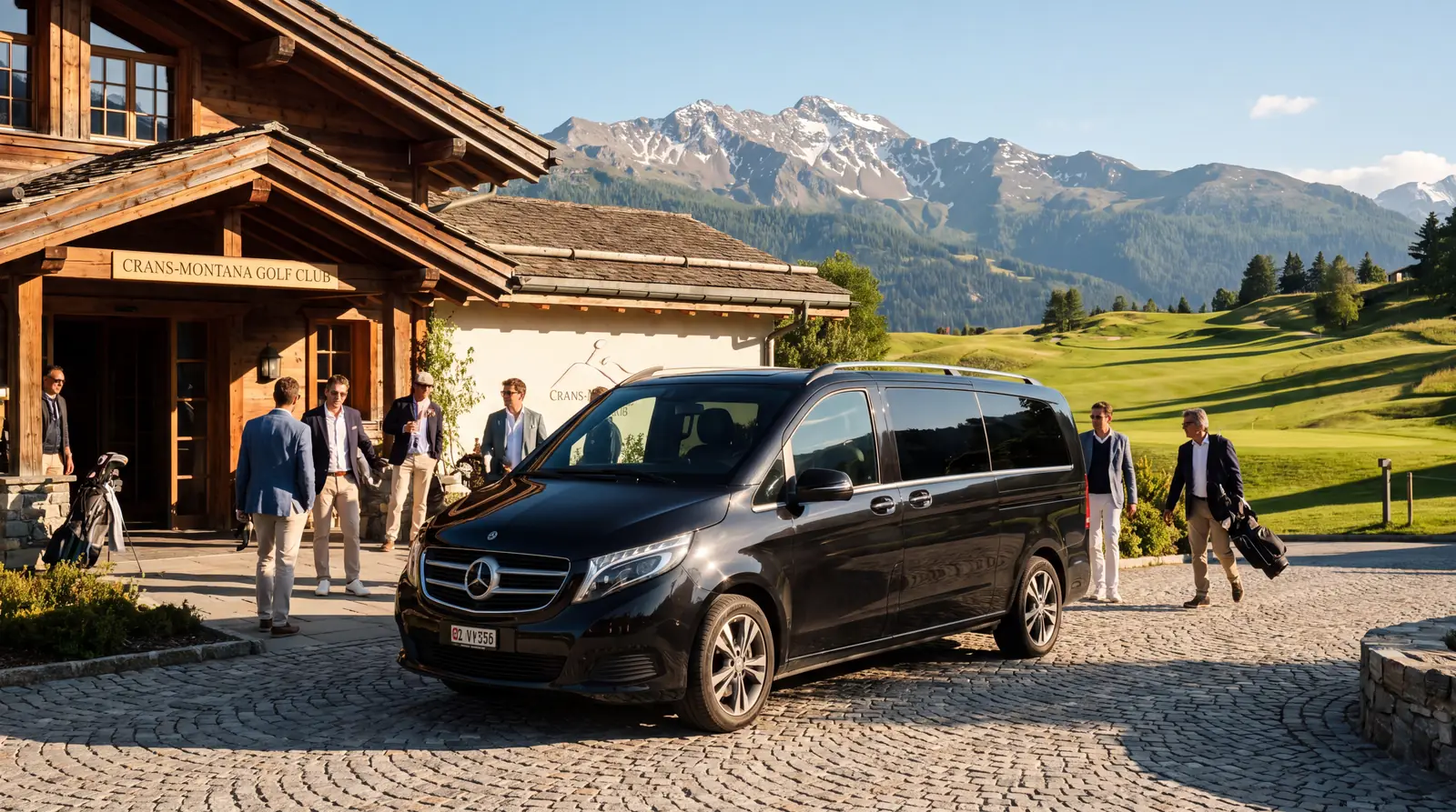Mercedes-Van vor dem Golf Club von Crans-Montana im Sommer
